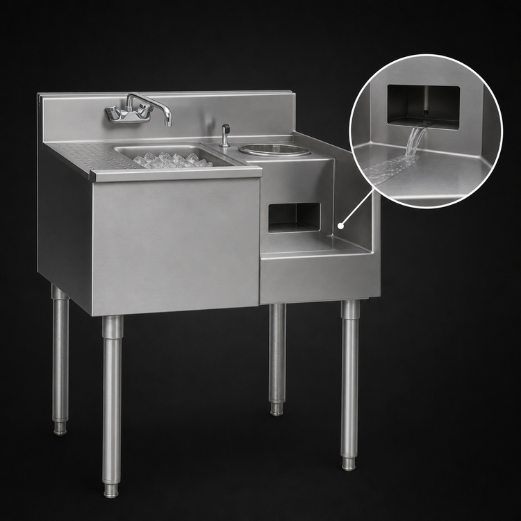 Product image #4 for 1800 Series 62-Inch Stainless Steel Underbar Beverage Station with Drainboard, Center Ice Bin, and Right Blender Recess
