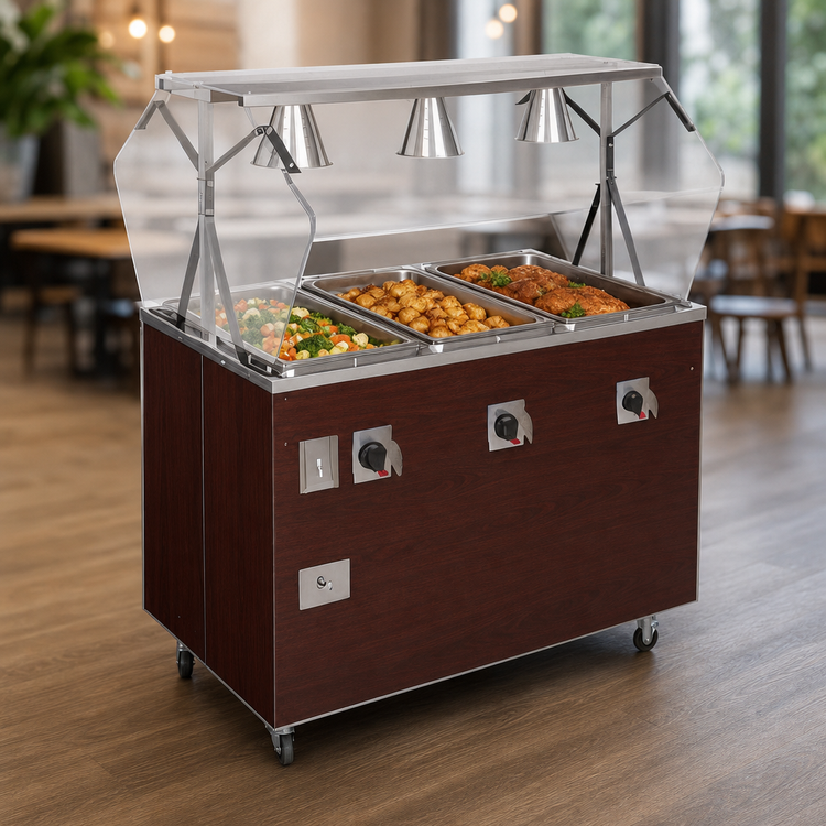 Product image #4 for Vollrath 2-Series Affordable Portable 3-Well Mobile Hot Food Station with Buffet Breath Guard and Storage Doors, Cherry Woodgrain, 120V