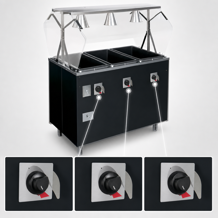 Product image #4 for Vollrath 2-Series Affordable Portable Deluxe 3-Well Mobile Hot Food Station with Illuminated Buffet Breath Guard and Enclosed Base