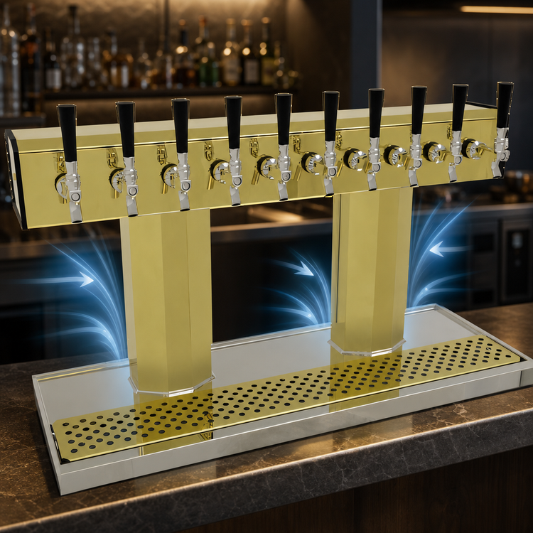 Product image #4 for Countertop Air-Cooled Tee Draft Dispensing Tower, 10 Faucets, Brass Finish