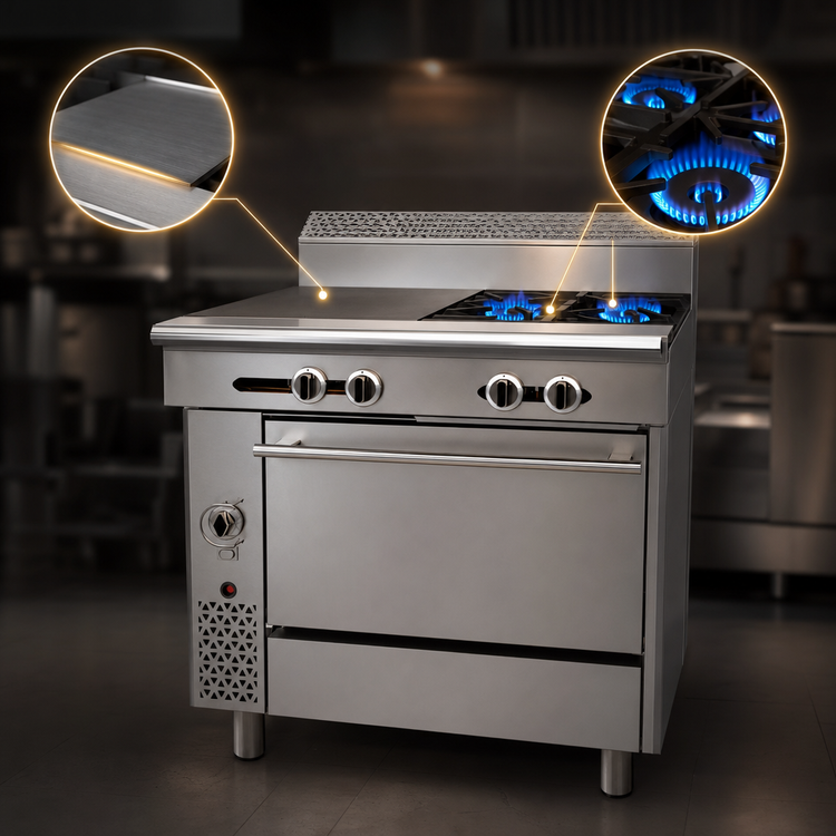 Product image #4 for Garland Cuisine Series 36-Inch Heavy Duty Gas Combination Top Range with 2 Open Burners, 18-Inch Hot Top, and Convection Oven