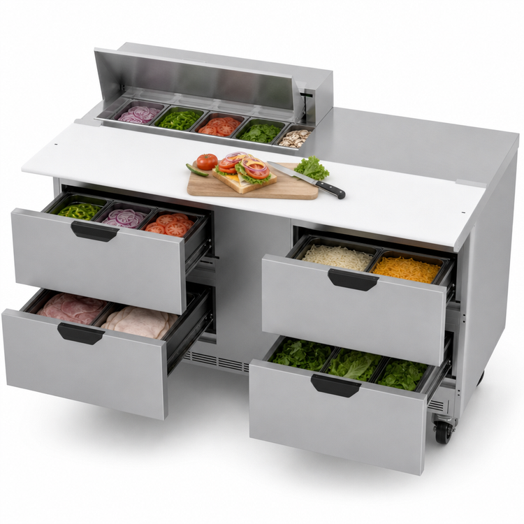 Product image #5 for Beverage-Air 60-Inch Two-Section Sandwich Prep Table Refrigerator with 4 Drawers, 8-Pan Top and 17-Inch Cutting Board