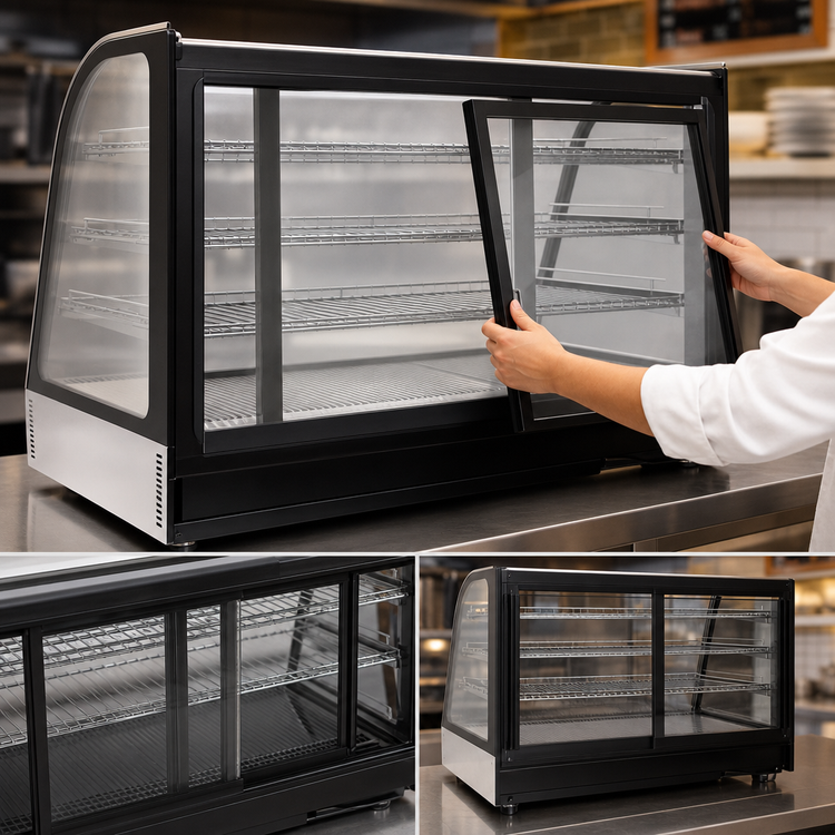 Product image #4 for Omcan Countertop Curved Glass Refrigerated Display Case, 60 Inch, 9.78 Cu. Ft., 3-Shelf, Bottom-Mounted Self-Contained