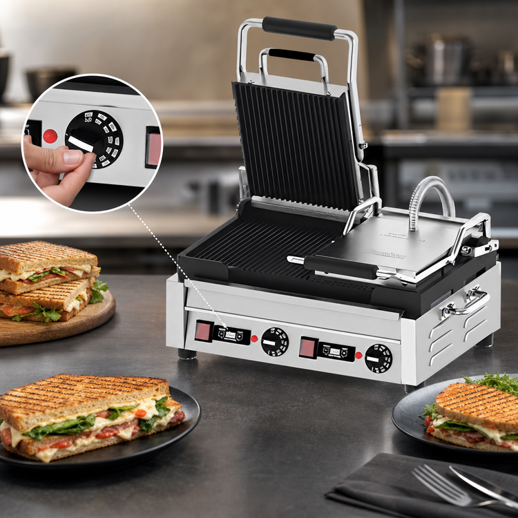 Product image #4 for Double Electric Countertop Panini Grill with Timer, Grooved Cast Iron Plates, 18 x 10 Inch Cooking Surface
