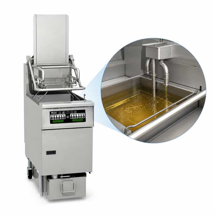 Product image #4 for Solstice Supreme Reduced Oil Volume Electric Floor Fryer System with Automatic Filtration, Lift Assist, and 76 lb Capacity