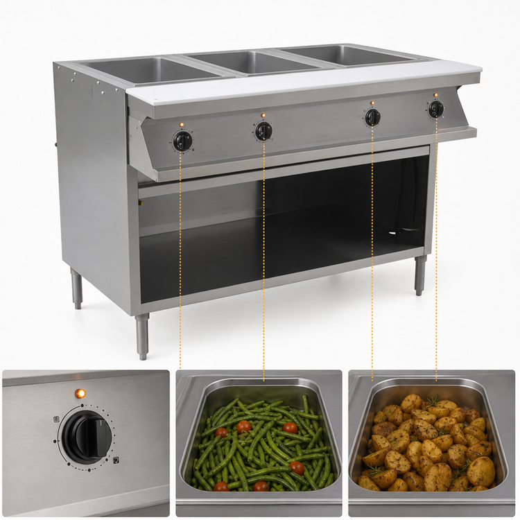 Product image #4 for Spec-Master SHT4CB-240 Sealed Well Electric Hot Food Table, 4-Pan, Open Cabinet Base