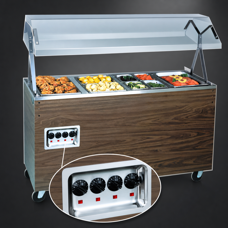 Product image #4 for Vollrath 2-Series Affordable Portable 4-Well Mobile Electric Hot Food Station with Buffet Breath Guard and Lights, Cherry Woodgrain Open-Storage Base
