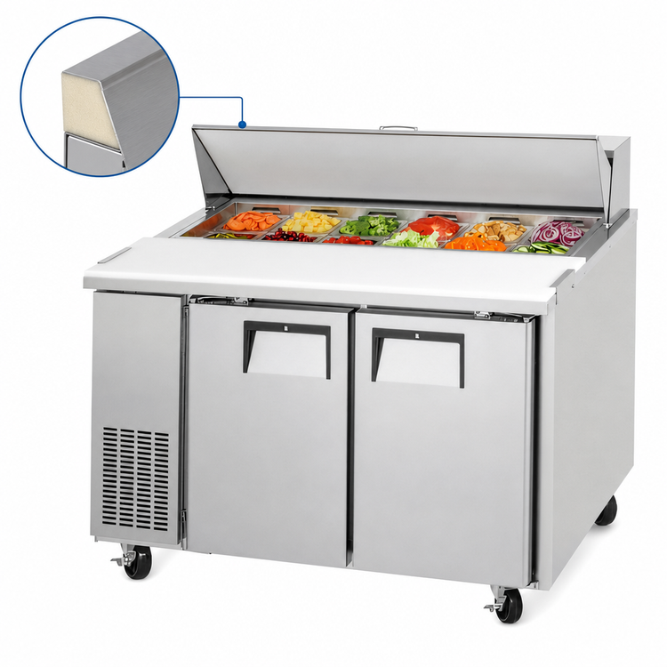 Product image #4 for Everest Refrigeration 47-1/2 Inch Two-Section Sandwich Prep Table with 12-Pan Top, 9.0 Cu. Ft., Self-Contained Side-Mounted Refrigeration