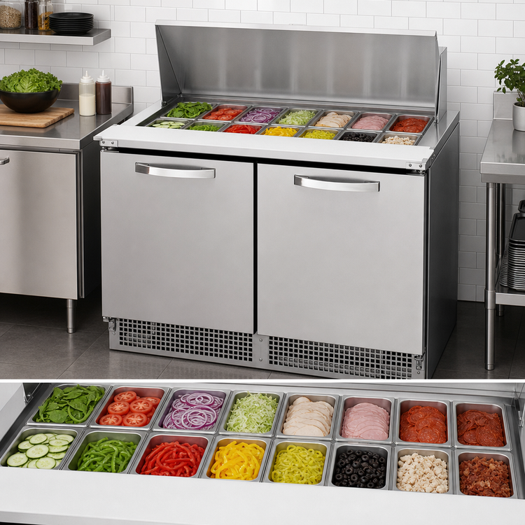 Product image #3 for True SPEC Series 48-Inch Two-Section Refrigerated Sandwich/Salad Prep Table, Rear-Mounted Self-Contained Refrigeration, 18 Pan Capacity