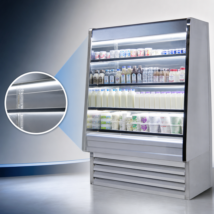 Product image #5 for Howard-McCray Ovation Series 147-Inch Remote Dairy Open Merchandiser, Stainless Steel, LED Shelves
