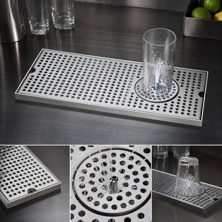 Product image #4 for Micro Matic Surface-Mount Stainless Steel Drip Tray Trough with Integral Glass Rinser, 12 x 5 Inch