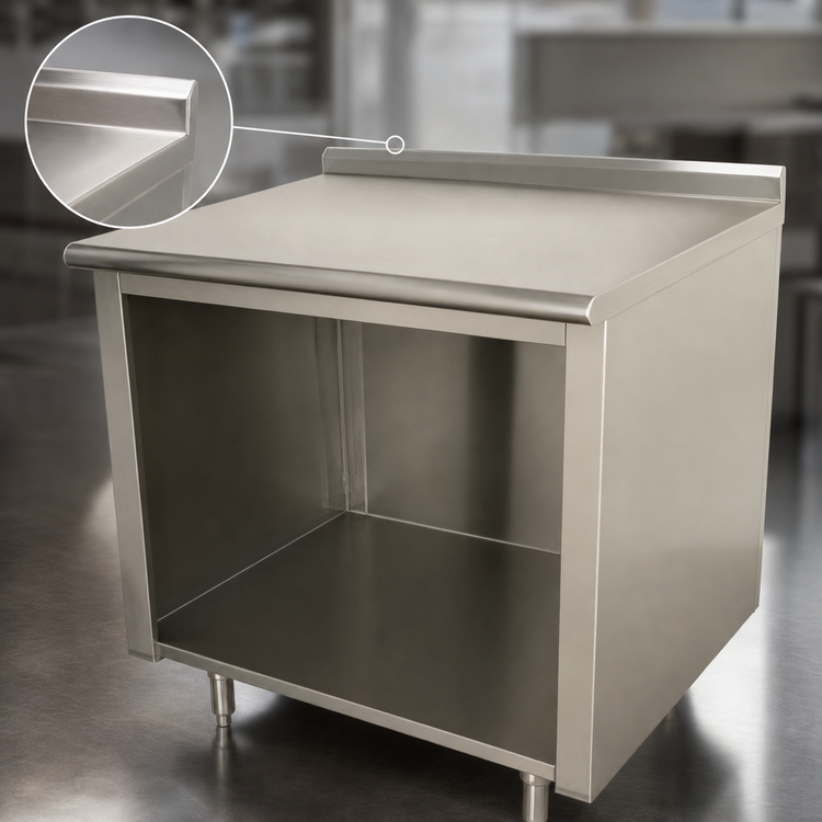 Product image #4 for Advance Tabco 108-Inch x 30-Inch 14-Gauge 304 Stainless Steel Work Table with Open Front Cabinet Base and 1-1/2-Inch Rear Up-Turn