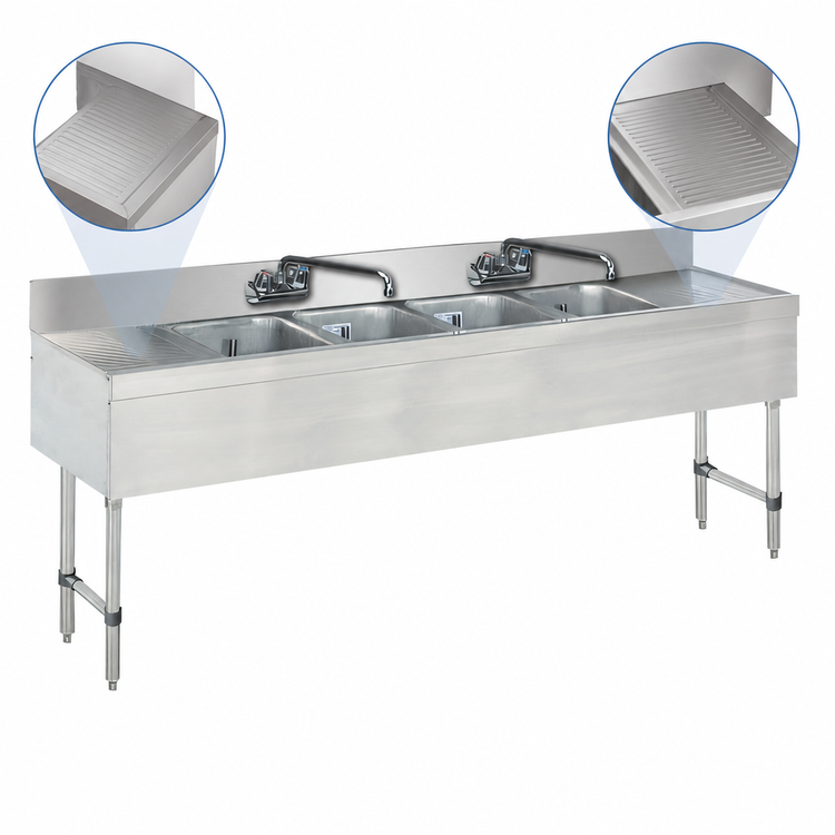 Product image #4 for Advance Tabco Special Value Series 4-Compartment Stainless Steel Bar Sink with Dual Drainboards and Splash-Mount Faucets, 96 x 18 Inches