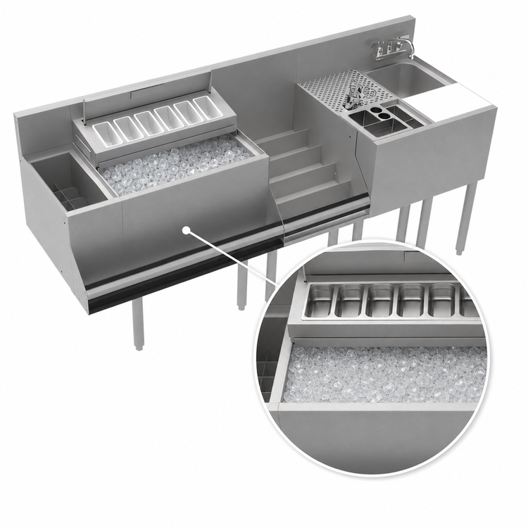 Product image #4 for Krowne Royal Series 72 Inch Stainless Steel Underbar Workstation with 24 Inch Ice Bin, 10-Circuit Cold Plate and Dump Sink