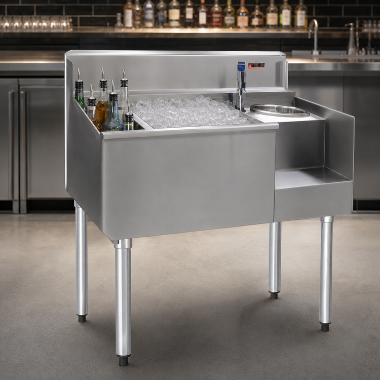Product image #4 for Eagle Group 2200 Series Underbar Ice Bin/Cocktail Station with Left 8-Bottle Well, Center Ice Bin, and Right Blender Recess