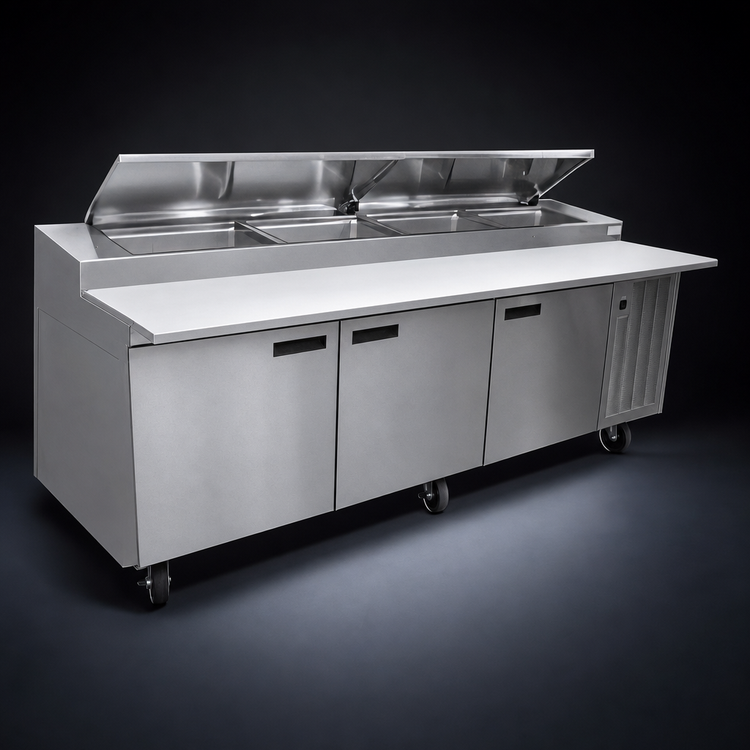 Product image #4 for Delfield LiquiTec 99-Inch Three-Section Self-Contained Refrigerated Pizza Prep Table with Raised Rail
