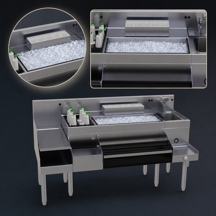 Product image #4 for Glastender 66-Inch All-In-One Underbar Ice Bin and Cocktail Station with Blender Shelf, Sink, and Speed Rails