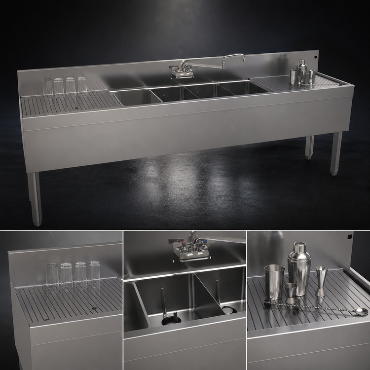Product image #4 for Glastender 96-Inch Four-Compartment Stainless Steel Underbar Sink Unit with Dual 24-Inch Drainboards