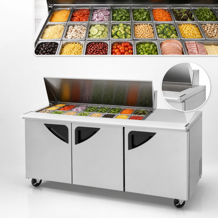 Product image #4 for Turbo Air Super Deluxe 72-5/8 Inch Three-Section Sandwich/Salad Mega Top Refrigerated Prep Table with 15-Pan Opening
