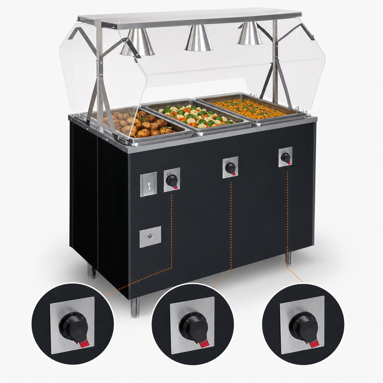 Product image #4 for Vollrath 2-Series Affordable Portable Deluxe 3-Well Mobile Hot Food Station with Sealed Wells, Lighted Buffet Breath Guard, and Storage Doors