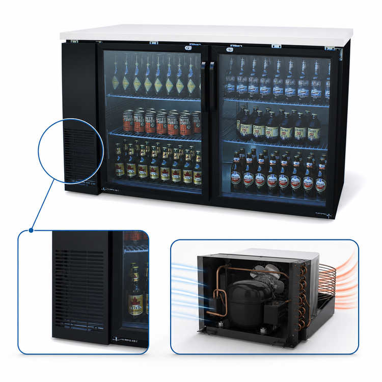 Product image #5 for Migali Competitor Series® Two-Section Glass Door Refrigerated Back Bar Cabinet, 60.8 Inch, 15.8 Cu. Ft., Self-Contained, Black and Stainless Steel