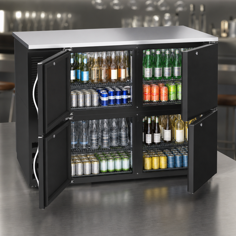 Product image #4 for Beverage Air 48-Inch Two-Section Pass-Thru Back Bar Refrigerator with 4 Solid Locking Doors, Right-Mounted Self-Contained R290 Refrigeration
