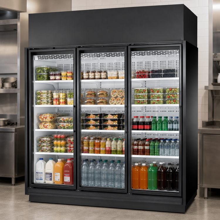 Product image #4 for True TRM3M 3-Section Medium Temp Self-Contained Glass Door Refrigerated Merchandiser, Black Exterior, White Interior, 116.2 Cu. Ft.
