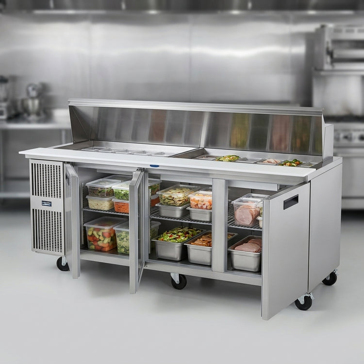 Product image #3 for Randell PT84-36W-L 84" Three-Section Refrigerated Salad/Sandwich Mega Top Prep Table