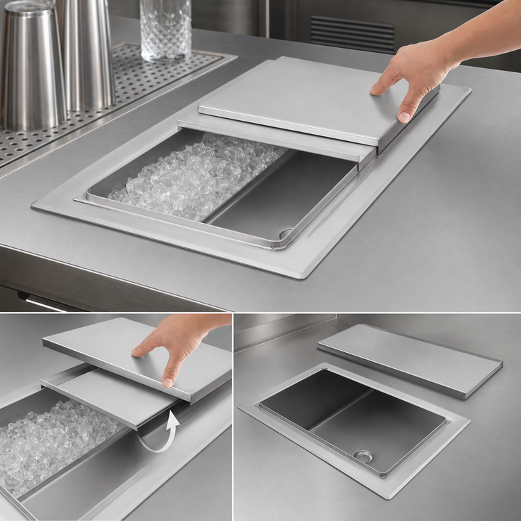 Product image #5 for John Boos Drop-In Insulated Stainless Steel Ice Bin with Sliding Lid and Drain, 28 x 18 x 12 Inches, Without Cold Plate