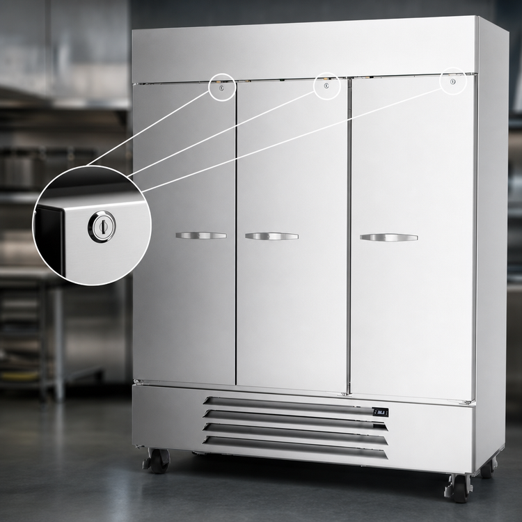 Product image #5 for Beverage Air Horizon Series Three-Section Reach-In Refrigerator, 70.19 Cu. Ft., Solid Doors, Bottom-Mounted Self-Contained, Stainless Steel