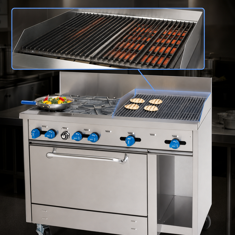 Product image #4 for Comstock-Castle 48-Inch Gas Range with 6 Open Burners, 12-Inch Char-Broiler, 31.5-Inch Oven and Storage Cabinet Base
