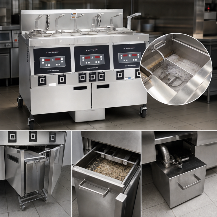 Product image #4 for Henny Penny OFE-323.0 Electric Three-Well Open Fryer with Built-In Filter System