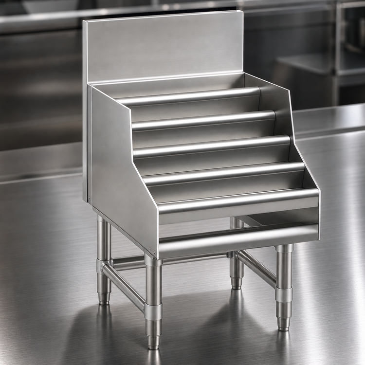 Product image #4 for Spec-Bar 12" x 29" Free-Standing 4-Step Open Step-and-Rail Liquor Bottle Display Unit, Single Speed Rail Alignment, Stainless Steel