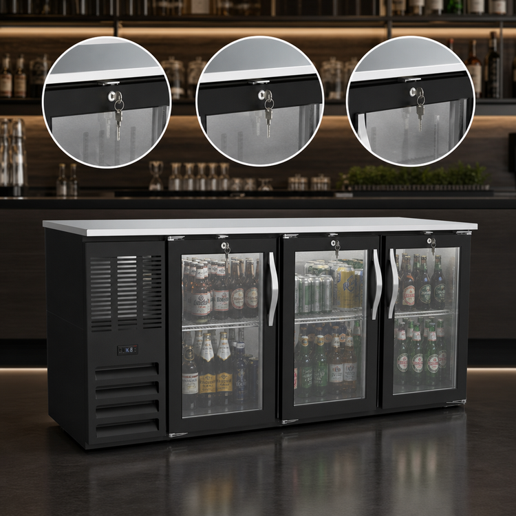 Product image #4 for 72-Inch Three-Section Food-Rated Glass Door Back Bar Refrigerator with Stainless Steel Top