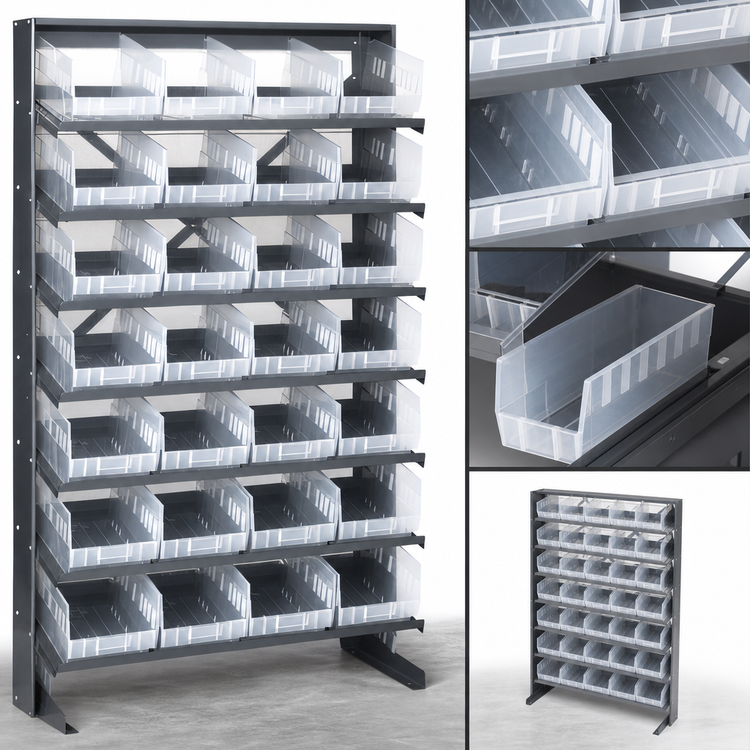 Product image #4 for Quantum Sloped Single-Sided Pick Rack with 8 Shelves and 32 Clear Bins