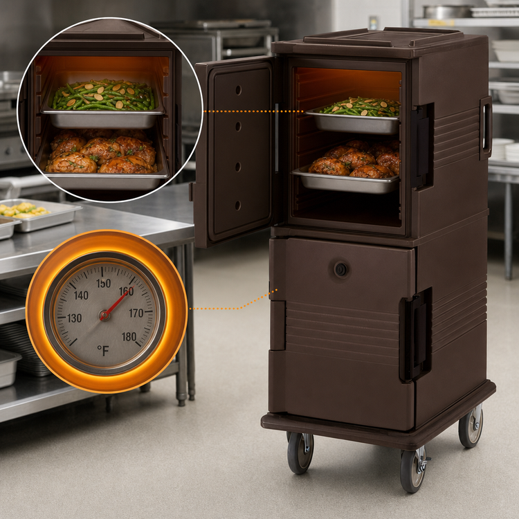 Product image #5 for Cambro Ultra Camcart Heated Food Pan Carrier, 2-Compartment Floor Model, Top Door Heated Only, 110V, Dark Brown