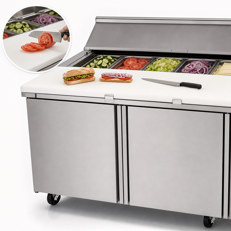 Product image #4 for Delfield Mega Top 60-Inch Two-Section Sandwich/Salad Prep Refrigerator with 24-Pan Top and Cutting Board