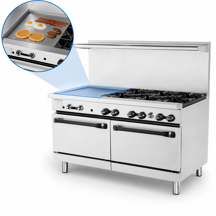 Product image #4 for Bake Tech Innovation Radiance 60-Inch Gas Restaurant Range with 6 Open Burners, 24-Inch Left Griddle and 2 Standard Ovens