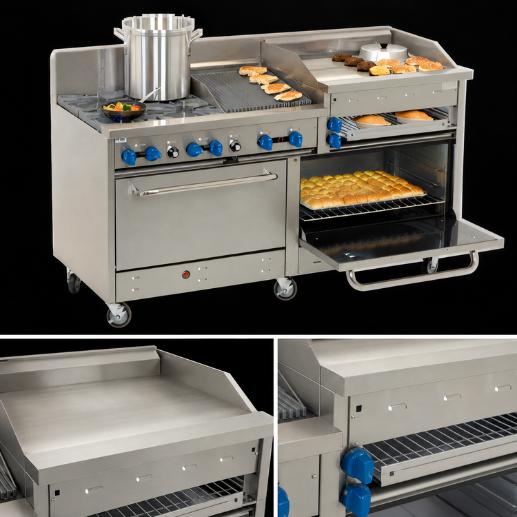 Product image #4 for Comstock-Castle 72-Inch Stainless Steel Commercial Gas Range with 4 Open Burners, 30-Inch Raised Griddle, 18-Inch Char-Broiler, and 2 Ovens