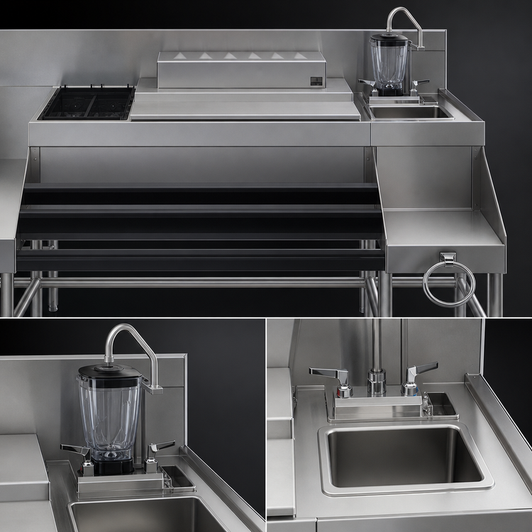 Product image #4 for Spec-Bar Underbar Ice Bin/Cocktail Station with Blender Sink and Double Speed Rail, 60 Inch Wide x 29 Inch Deep