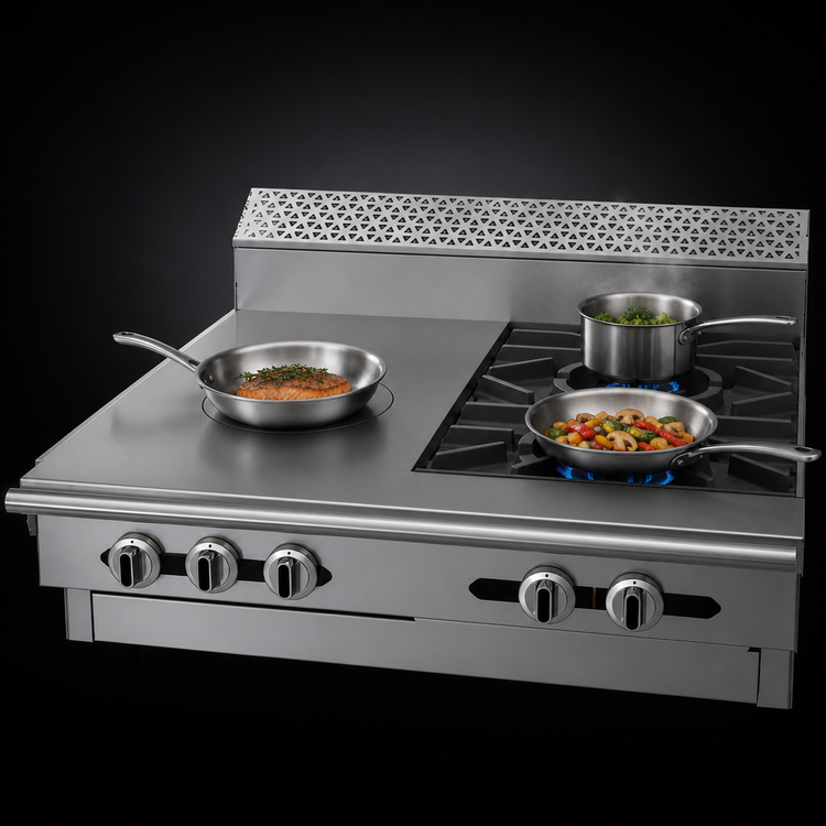 Product image #4 for Garland Cuisine C36-17M 36 Inch Heavy Duty Modular Gas Combination Top Range with 2 Open Burners and 18 Inch Front-Fired Hot Top