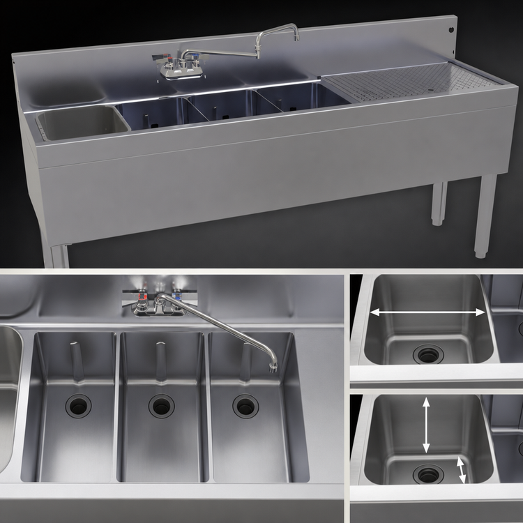 Product image #4 for Glastender FSA-72L-S 72-Inch Four-Compartment Stainless Steel Underbar Sink Unit with Right Drainboard