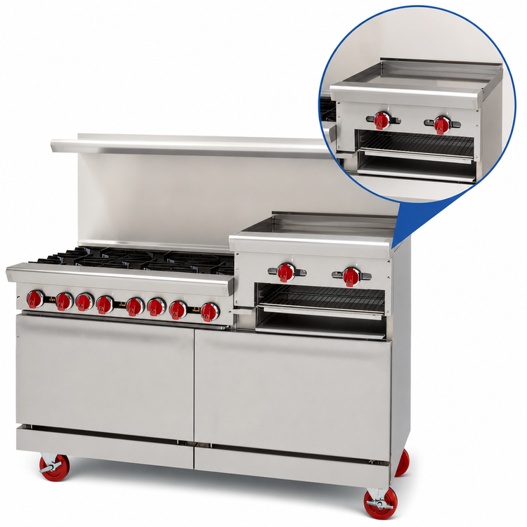 Product image #4 for American Range 60-Inch Gas Restaurant Range with 6 Open Burners, 24-Inch Right Raised Griddle/Broiler and Double Storage Base