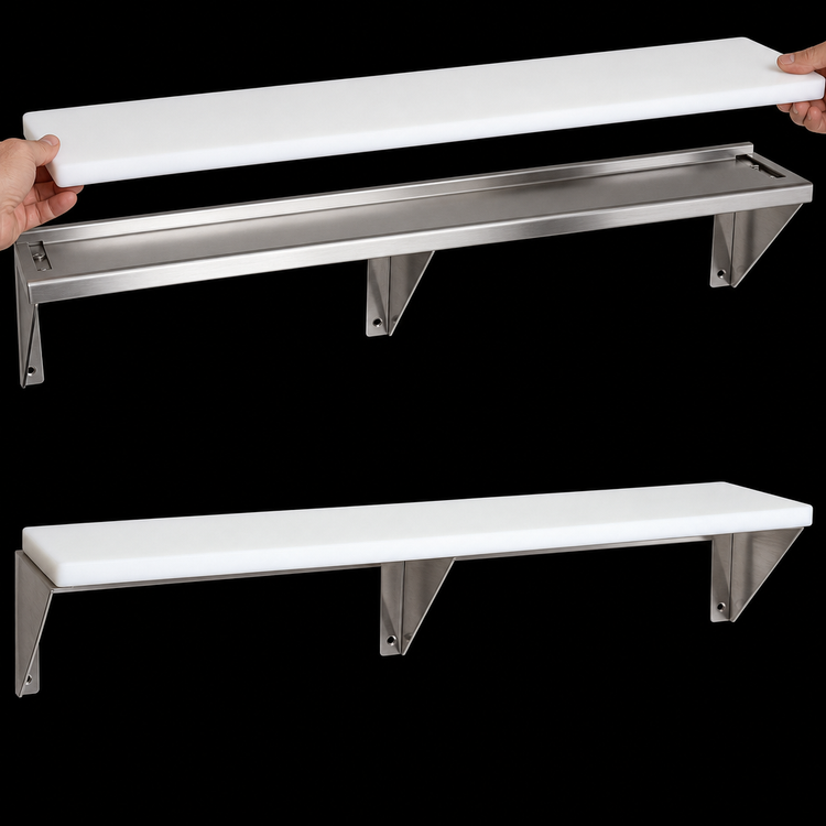 Product image #4 for Advance Tabco Triumph Supreme Stainless Steel Shelf with Removable 3/8-Inch White Poly Cutting Board for 2-Well Food Units