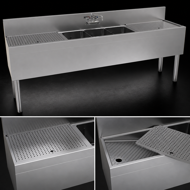Product image #4 for Glastender 84-Inch Wide x 19-Inch Deep Three-Compartment Underbar Sink Unit with Dual Drainboards