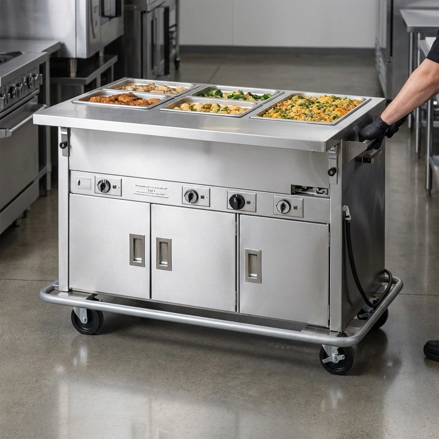 Effortlessly transport hot meals with this mobile electric hot food counter, designed for easy movement throughout any facility.