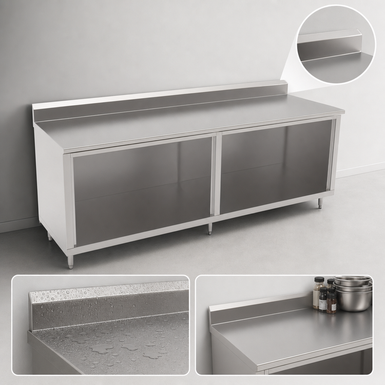 Product image #4 for John Boos Stainless Steel Work Table with Cabinet Base and Open Front, 132 x 30 Inches, 14-Gauge Top, 5-Inch Backsplash