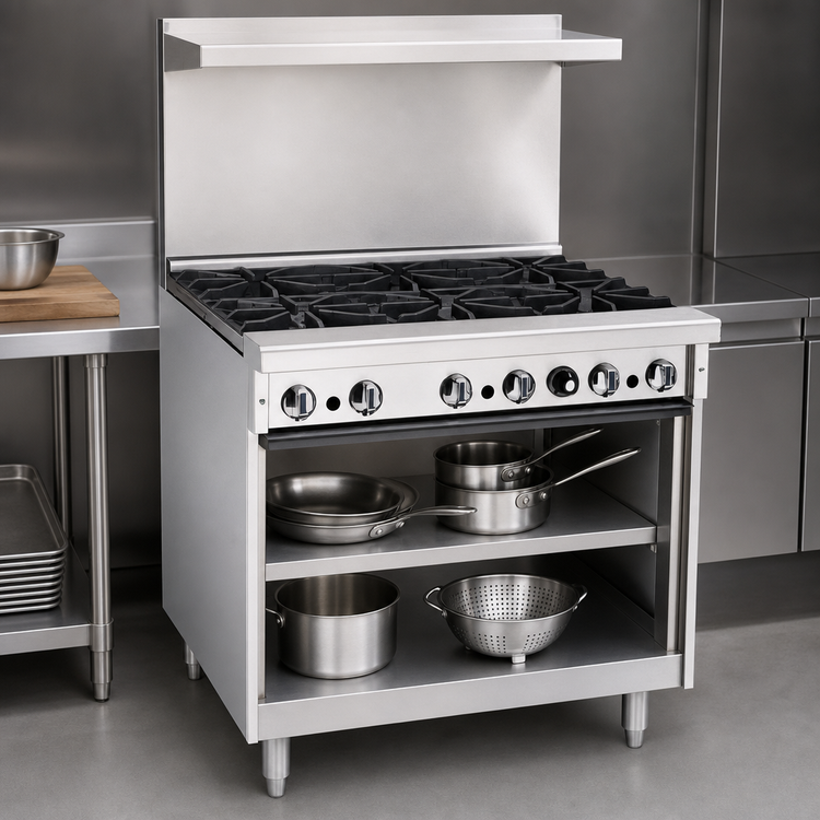 Product image #4 for Imperial Pro Series 36-Inch Gas Restaurant Range with 6 Open Burners, Cabinet Base, and Backriser with Hi-Shelf