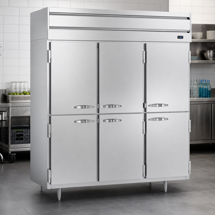 Product image #4 for Beverage-Air P-Series PRD3HC-1AS Three-Section Pass-Thru Reach-In Refrigerator, 6 Solid Doors, 73.99 Cu. Ft., Top-Mounted Self-Contained Refrigeration