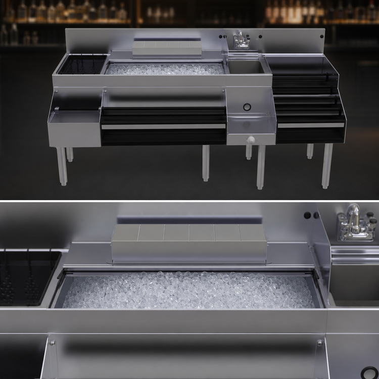 Product image #4 for Glastender 72-Inch All-In-One Underbar Ice Bin/Cocktail Station with Blender Shelf and 10-Circuit Cold Plate